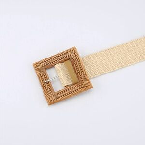 SHEIN Cream Woven Belt with Square Wood-Effect Buckle